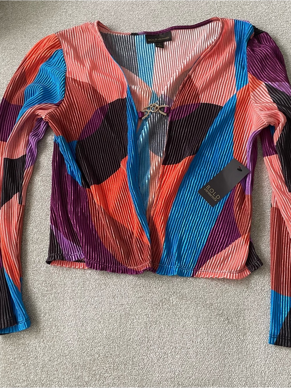 BOLD elements Multicolor Pleated V-Neck Long Sleeve Top with Clasp